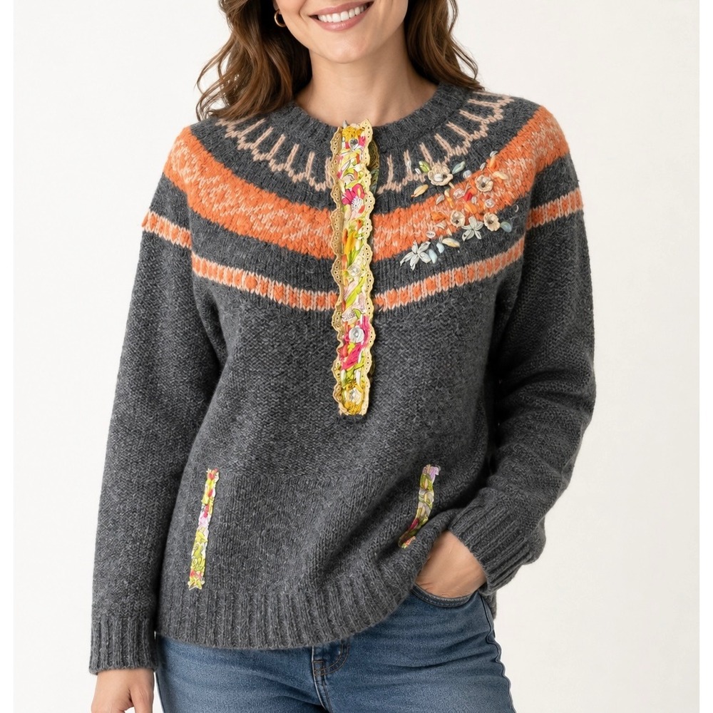 Free People Sweater Fair Isle Floral Embroidered Wool Grey Orange XS
